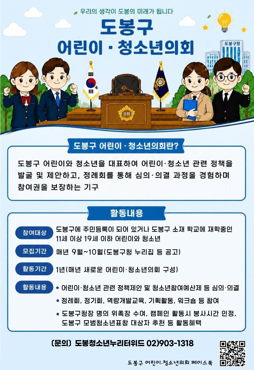 도봉구 어린이·청소년의회 및 주요활동 그리고 도봉구 어린이·청소년의회 활동개요 중 활동기간은 연중, 활동장소는 도봉구 일대, 활동 대상은 1)도봉구에 거주하고 있는 11-19세 청소년(학교 밖 청소년 포함), 2)도봉구 소재지 학교에 재학 중인 11-19세 청소년, 활동내용으로는 1)도봉구 청소년을 대표하여 청소년 관련 정책제안 및 의결, 2)연1회 정례회 및 임시회의 등 청소년정책 제안을 위한 활동, 3) 도봉구 청소년참여예산제 예산안 의결, 4) 어린이·청소년의 참여권 보장을 위한 활동 기획 및 운영, 5) 아동권리 홍보부스 운영 등이 있다. 도봉구 어린이·청소년의회 조직도는 사무국,의장단,협력지원국으로 구성되어 있으며, 의장단 하위로는 교육위원회, 문화예술위원회, 복지위원회, 안전위원회로 구성되어 있다.